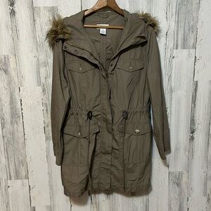 Z5 winter coat zip up button pockets detachable hood long PL petite large